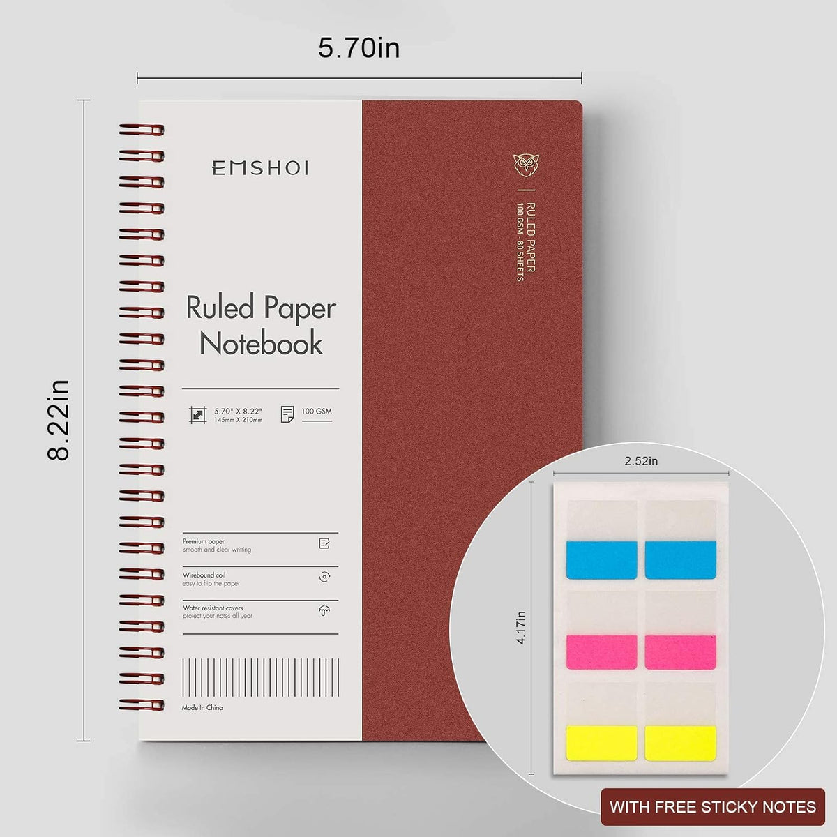 EMSHOI Lined Spiral Journal Notebook, 4 Pack, 640 Pages, A5 (5.7" x 8.2") | College Ruled, 100 GSM Thick Paper, Flexible Plastic Cover, for School, Student, Writing, Journaling, Work, Women & Men