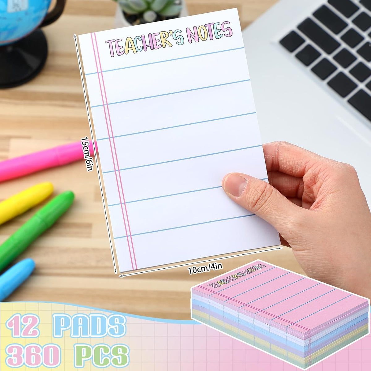 Tinlade 12 Pads Teacher Notepad Back to School Gift,Colorful,Classic | Teacher to Do List Memo Pad Self-stick for Teacher 4" x 6" Sticky Note with Lines Planner Writing Classroom Must Haves