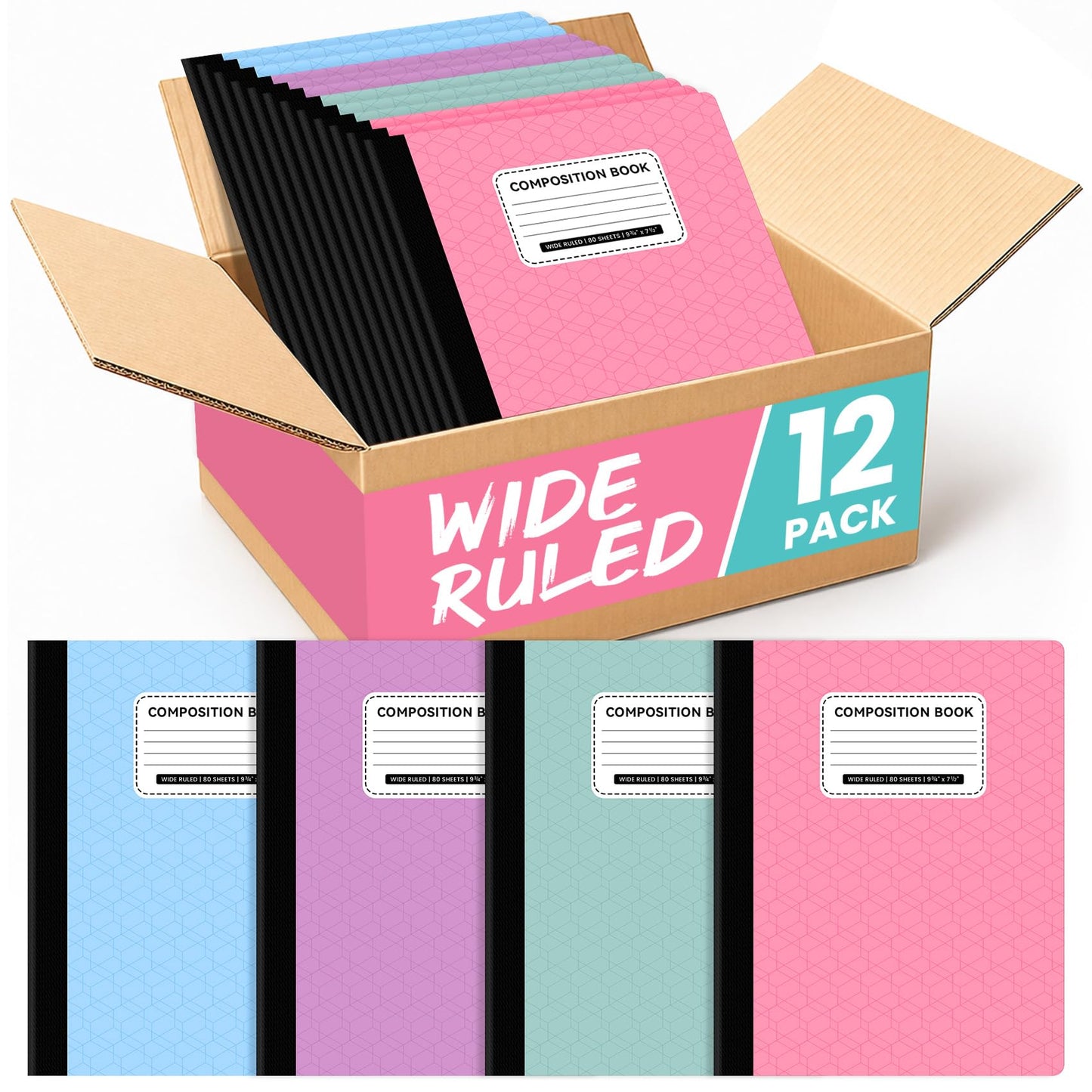 Wide Ruled Composition Notebook 4 Pack School Supplies, 160 Pages | Aesthetic Composition Book, 9-3/4" x 7-1/2", 160 Pages (80 Sheets), Perfect for School Office Supplies, Pastel Colors