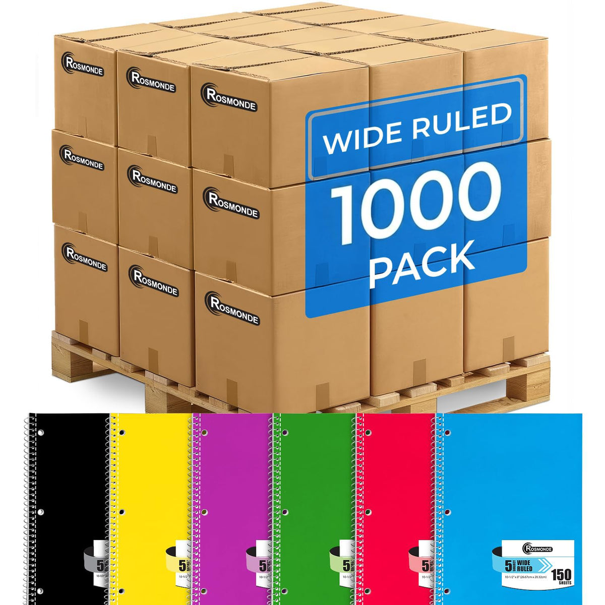 1 Subject Spiral Notebook Bulk, 50 Pack, Wide Ruled, Assorted | Bulk Wide Ruled Notebooks, Thick Paper, 140 Pages (70 Sheets), 8 x 10-1/2", 3 Hole Punched, Bulk Subject Notebook For School