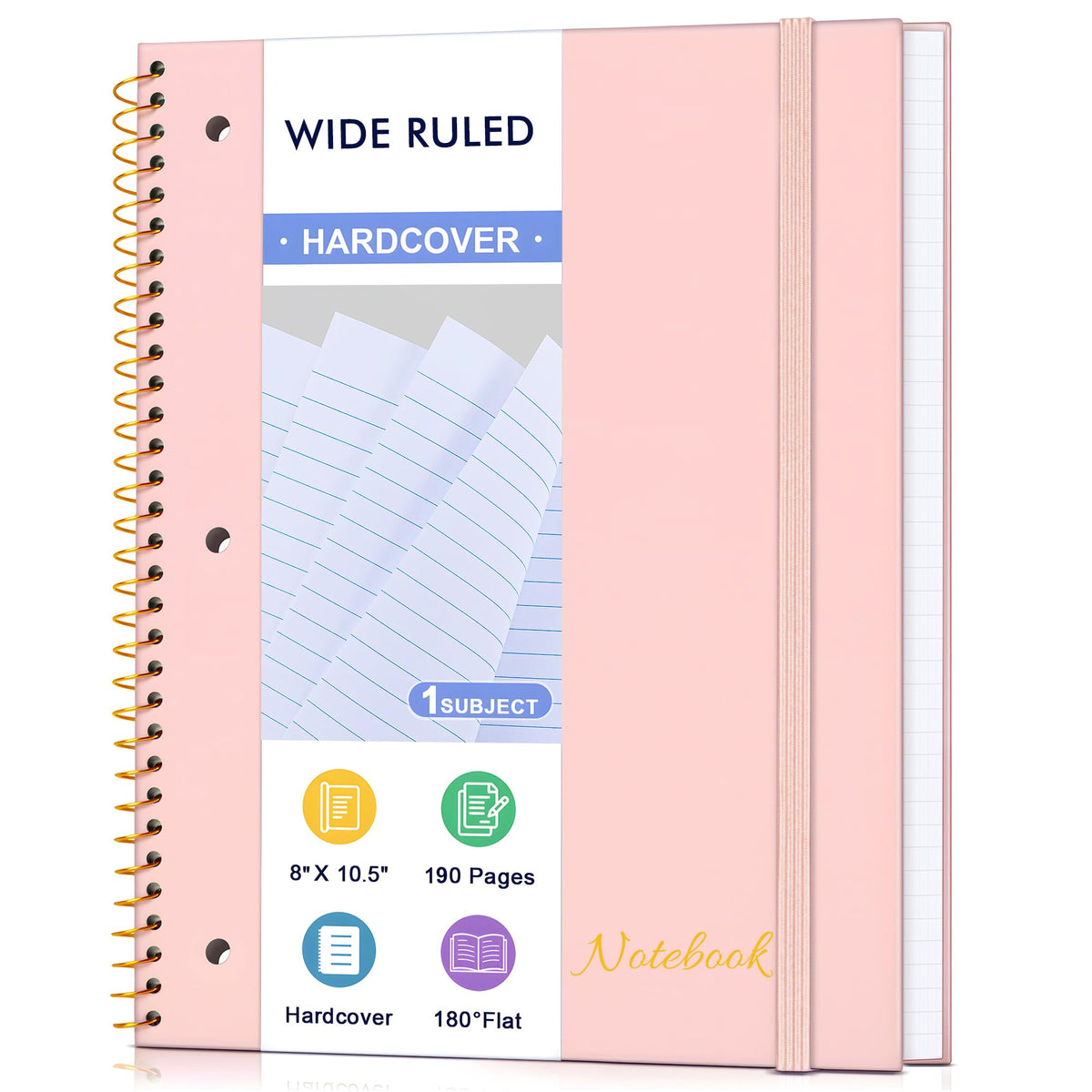 MUAHLIUB Spiral Notebook Wide Ruled Paper 8" x 10 1/2", 1 Subject Spiral Notebook, 3-Hole Punched Perforated Pages Ideal for School, Office, Writing, 95 Sheets Lined Journaling Notebook, Black