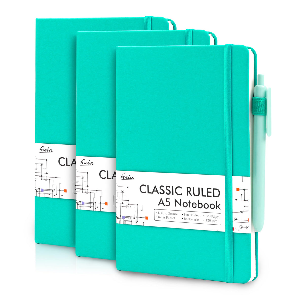 feela 3 Pack Hardcover Notebook For Women, Classic Ruled Lined Journal Set School Business Supplies, with 3 Black Pens, 120 GSM, 5.1”x8.3”, A5, Pastel Colors, Light Blue, Light Purple, Light Green