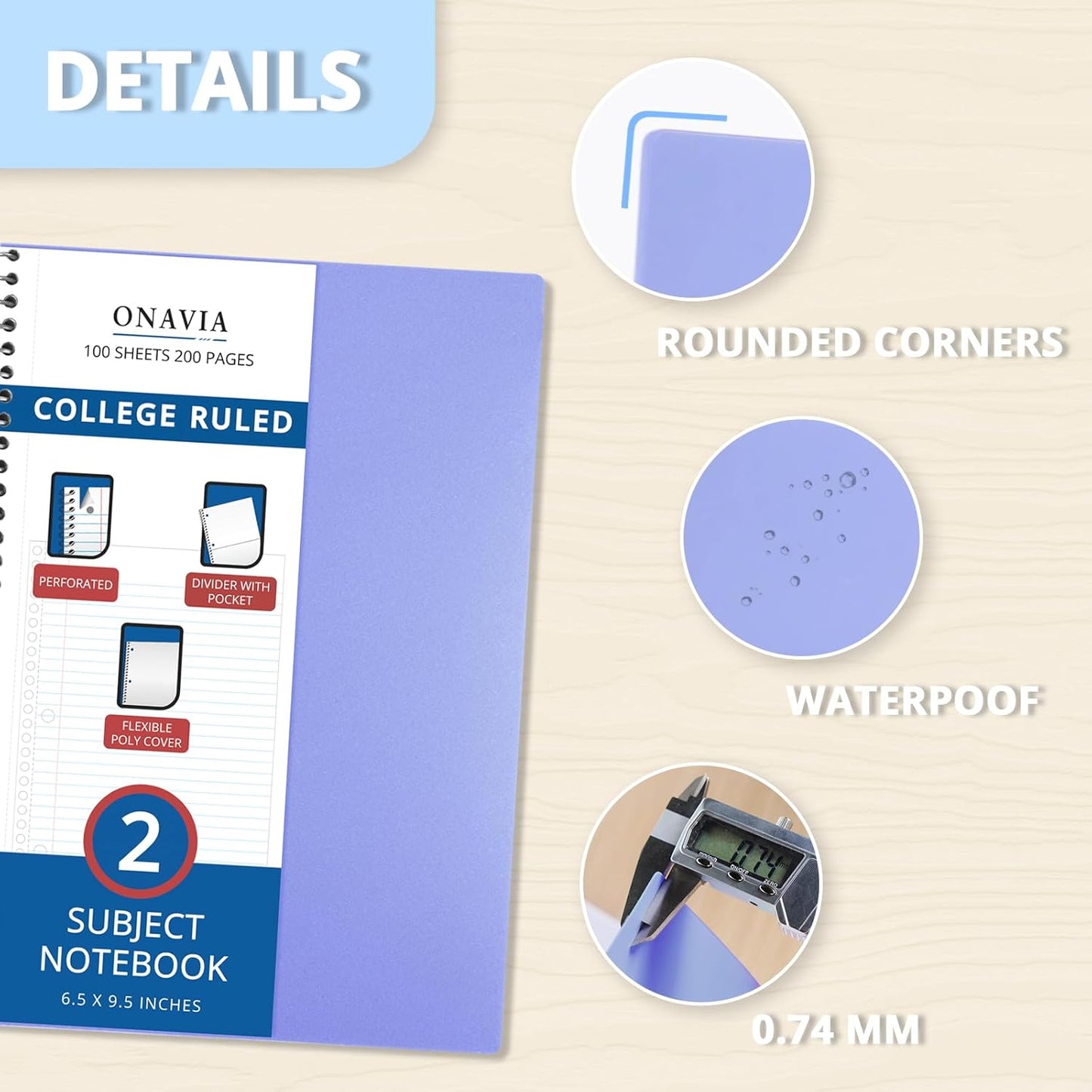 ONAVIA 2 Subject Spiral Notebook College Ruled 6 Pack, 200 Pages, Assorted | 100 ct, 6 x 9.5 in, Poly Cover, 2 Dividers, Double-Sided Pockets, Notebook for School, Study