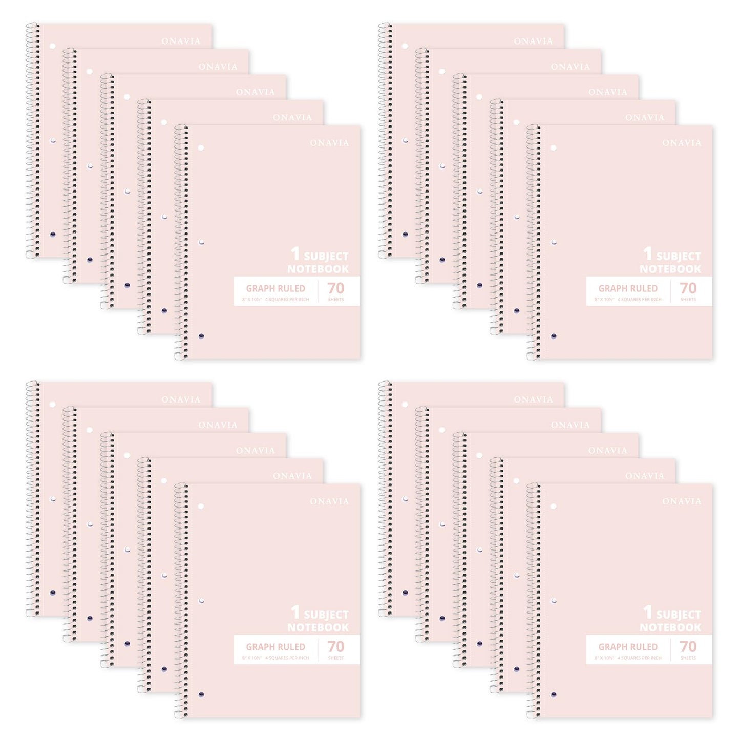 ONAVIA 1 Subject Graph Paper Spiral Notebook 5 Pack, 140 Pages, Assorted | 70 Sheets, 8 x 10.5 in, 3-Hole Punched, Graph Notebook, Grid Paper, School Notebook, Study
