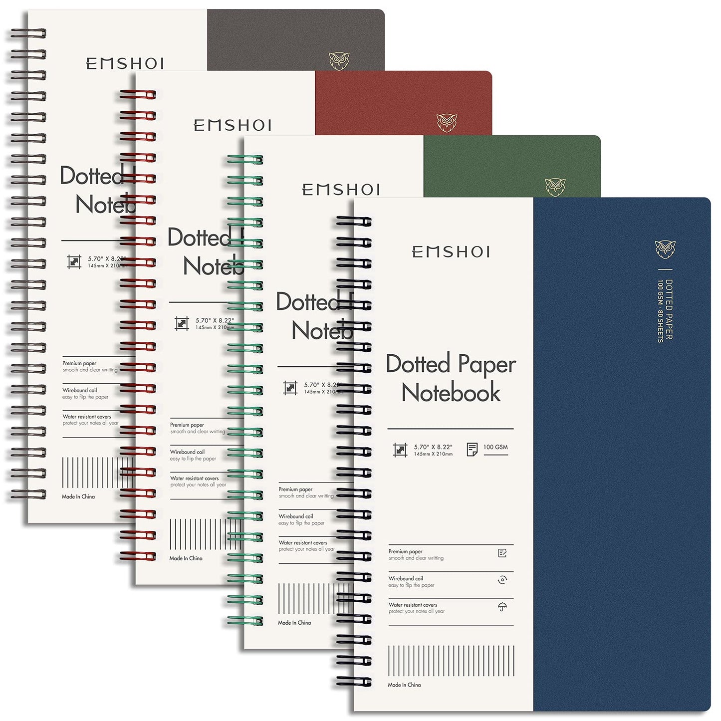 EMSHOI Lined Spiral Journal Notebook, 4 Pack, 640 Pages, A5 (5.7" x 8.2") | College Ruled, 100 GSM Thick Paper, Flexible Plastic Cover, for School, Student, Writing, Journaling, Work, Women & Men