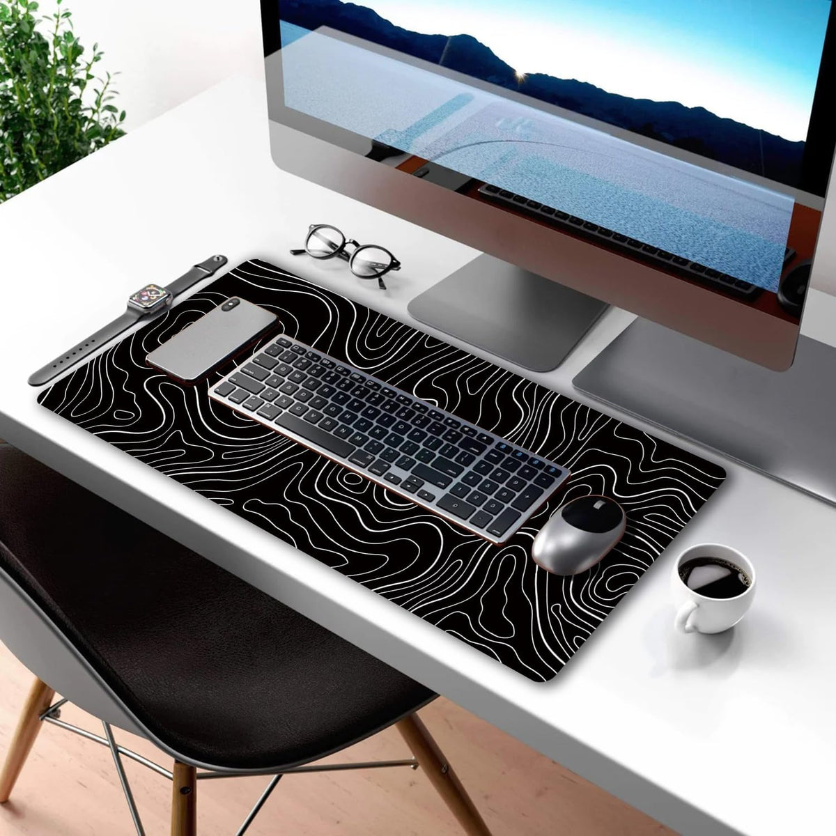 Black Topographic Large Gaming Mouse Pad Extended XXL(900 * 400 * 3MM) Mouse Mat Long Desk Pad with Stitched Edges for Keyboard Home Office Gaming Work Big Desk Mat