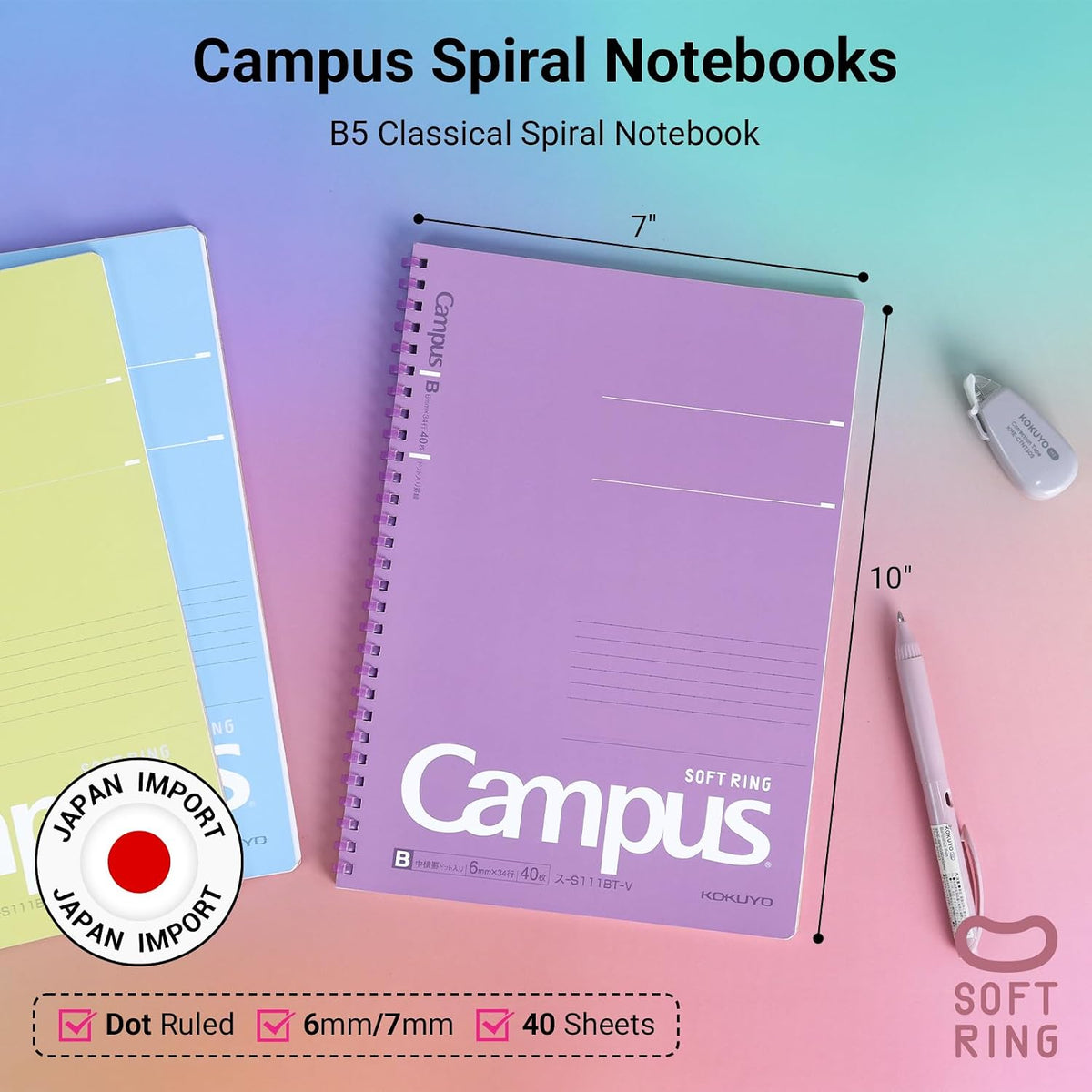 KOKUYO Spiral Lined Notebook, 5 Pack 10'' x 7'' Pastel Journal B5 Campus Soft Ring Notebooks with Dot 6 mm Ruled, 40 Sheets, 1 Subject Notebook, Note Taking for School (SU-S111BT)