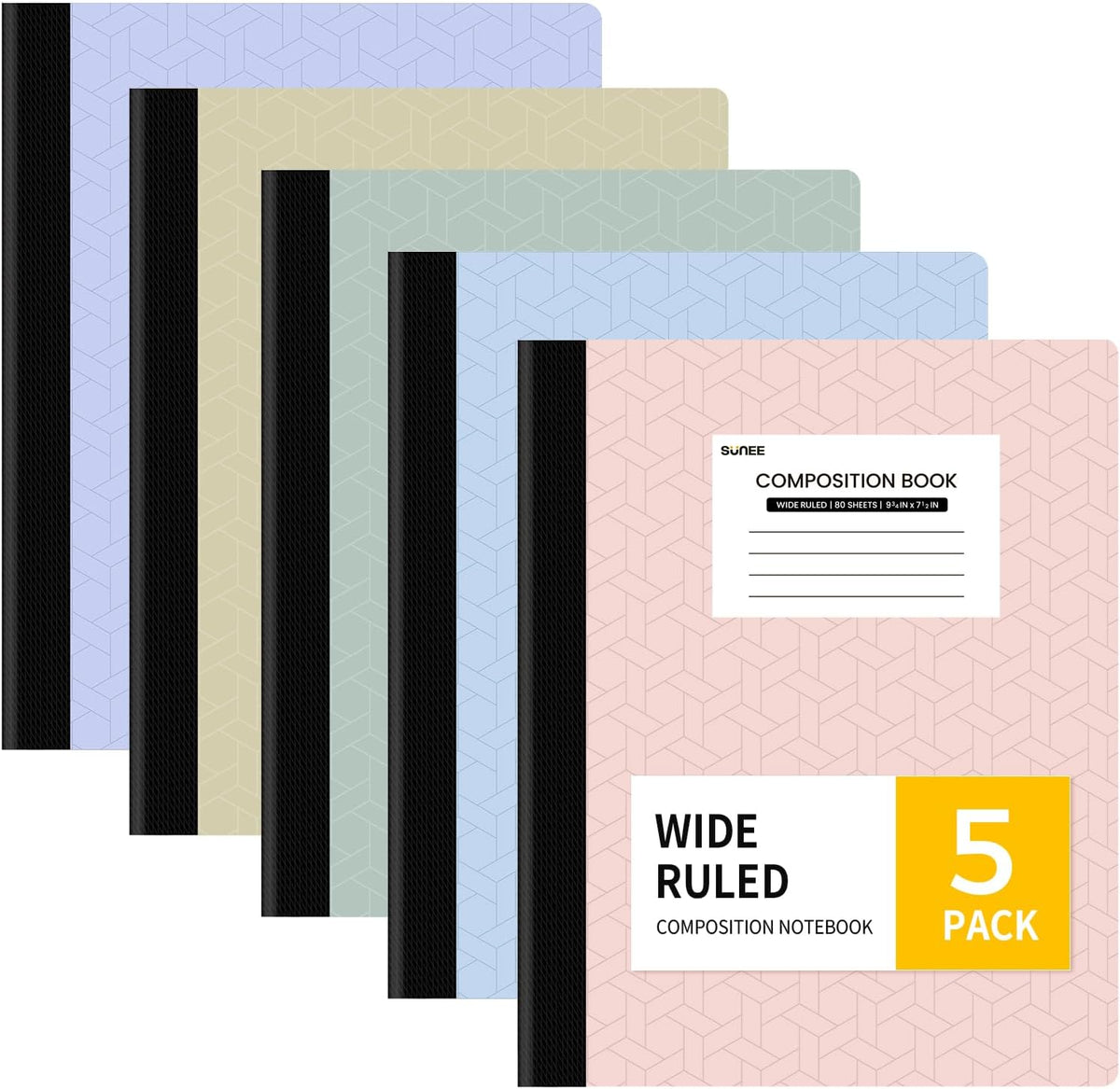 SUNEE Composition Notebook, Wide Ruled Paper, 5 Pack, 9-3/4" x 7-1/2", 80 Sheets/160 Pages, Back to School Supplies, Notebooks for School, Office Supplies (Pink, Purple, Blue, Green, Yellow)