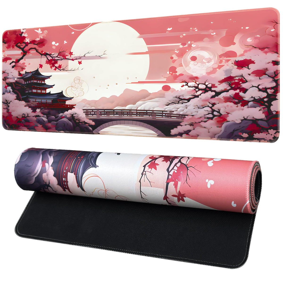 FreeNook Large Gaming Mouse Pad, Anime Black Mousepad with Stitched Edges, Expanded Cool Desk Mat, Japanese Red Moon XL Keyboard Mat Suitable for Home Office,31.5 X 11.8 Inch