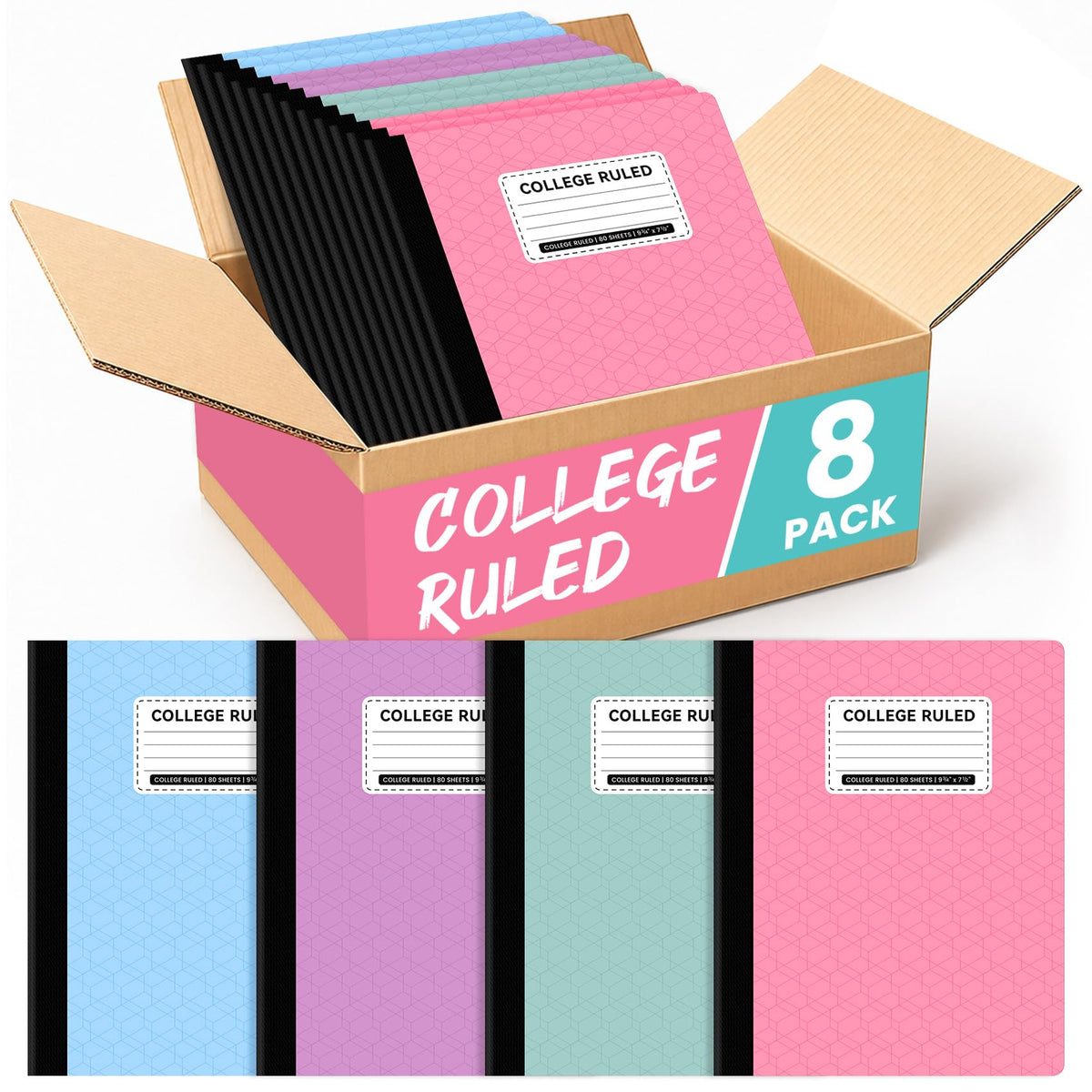 College Ruled Composition Notebook 4 Pack School Supplies, 160 Pages | 9-3/4" x 7-1/2" Aesthetic Composition Notebooks, 80 Sheets, Pastel Colors, Perfect for School, Office and Note Taking
