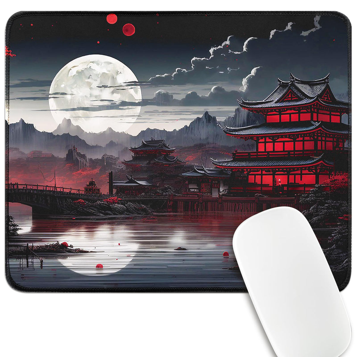 FreeNook Large Gaming Mouse Pad, Anime Black Mousepad with Stitched Edges, Expanded Cool Desk Mat, Japanese Red Moon XL Keyboard Mat Suitable for Home Office,31.5 X 11.8 Inch