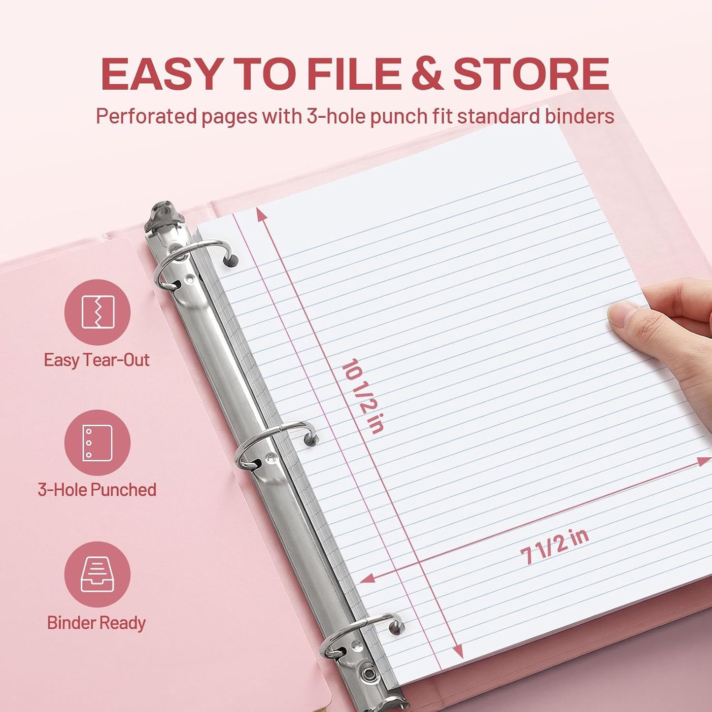 SUNEE Spiral Notebook, 1-Subject, College Ruled Paper, 8" x 10-1/2", 100 Sheets per Notebook, 3-Hole Punched Paper, Water Resistant Cover, Double-sided Pockets, Spiral Lined Notebooks for Work, Pink