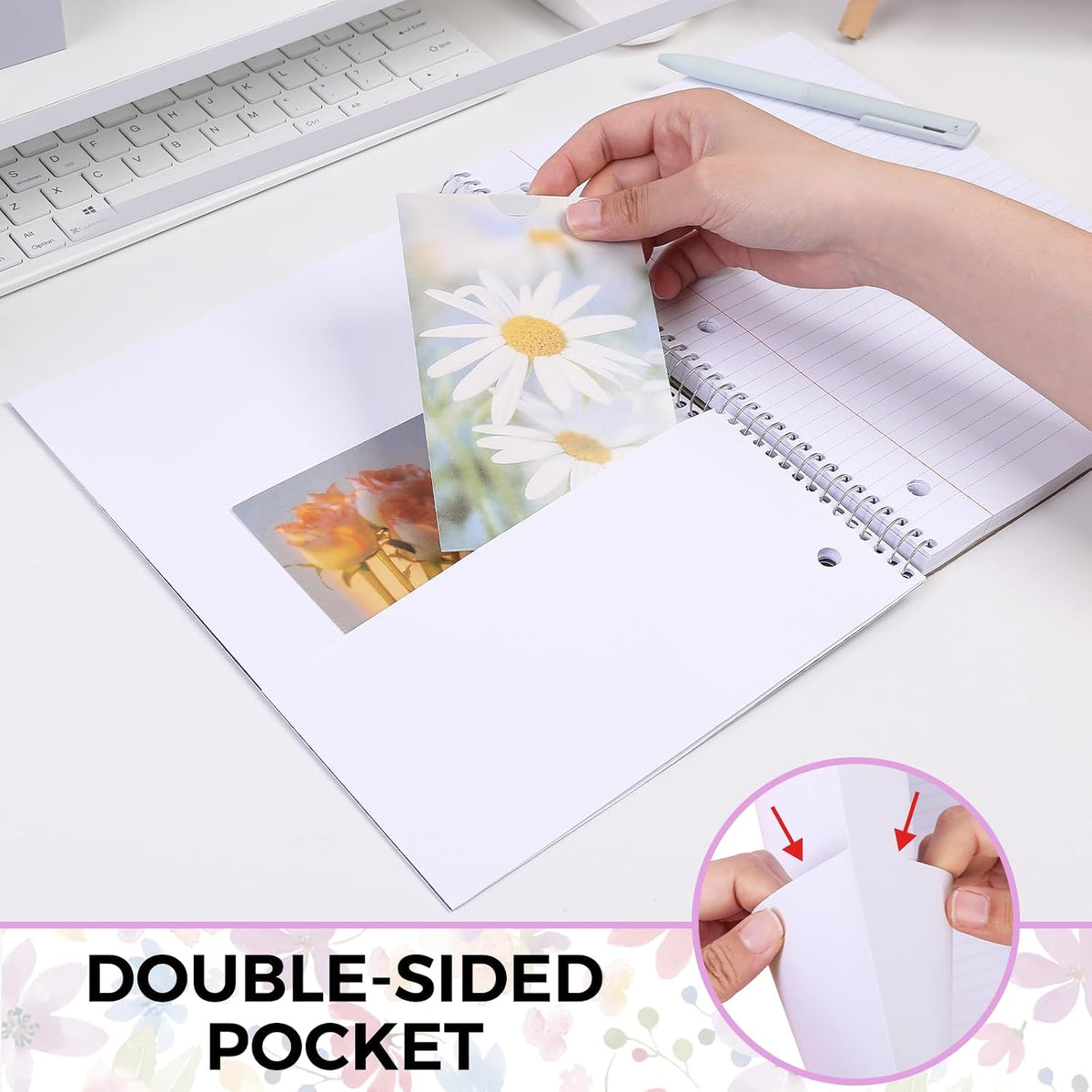 SKYDUE 8"x10.5" Spiral Notebook - College Ruled 100 Sheets, 1 Subject Notebook for School & Office, 3-Hole Punched Paper, Floral Design
