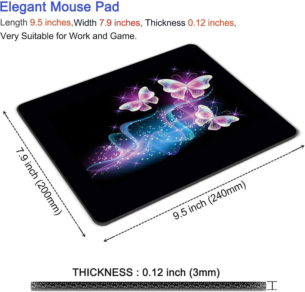 Mouse Pad, Square Mousepad, Personalized Premium-Textured, Non-Slip Rubber Base Mouse Mat, Waterproof Gaming Mouse Pad for Wireless Mouse, Computers, Laptop, Office, Home (Purple Butterfly)