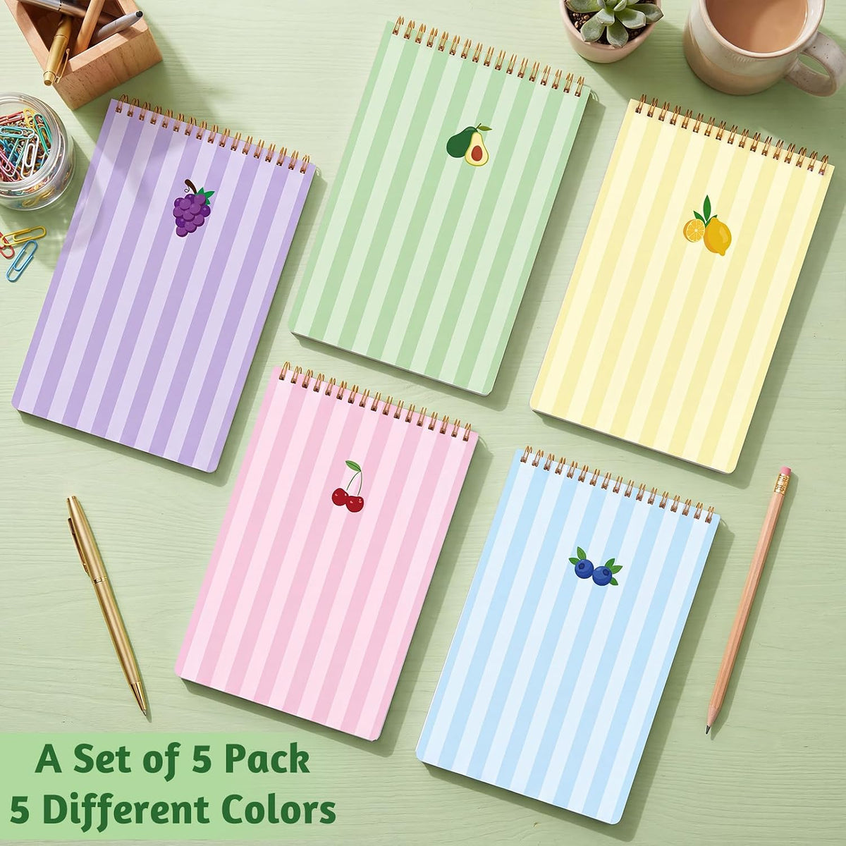 Thboxes 10 Pack 6 x 9 Steno Pads Top Spiral Notebook 5 Color Fruit Covers, White Paper with Double-sided Ruled Printing,80 Sheets Per Pad, for School, University, College, Work, Office.