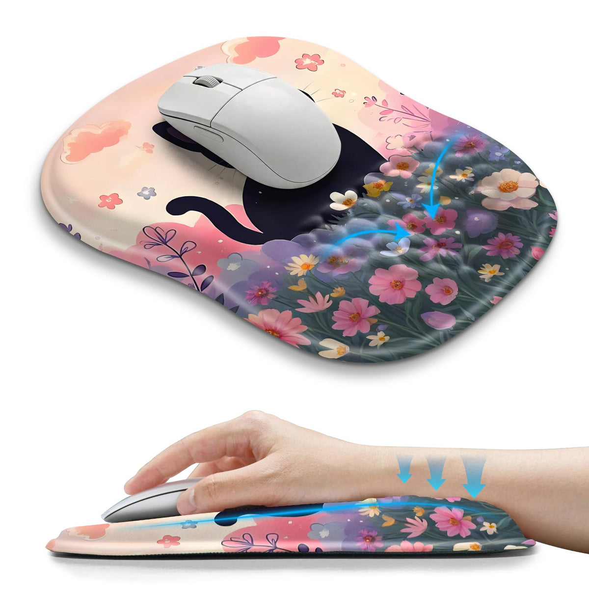 Hokafenle Ergonomic Wrist-hugging Mouse Pad Wrist Support, U-shaped Holding Wrist Rest Mousepad for Carpal Tunnel Pain Relief with Cushioned Memory Foam Slope Massage Bulge (Classic 10.2x8.3 in,Black)
