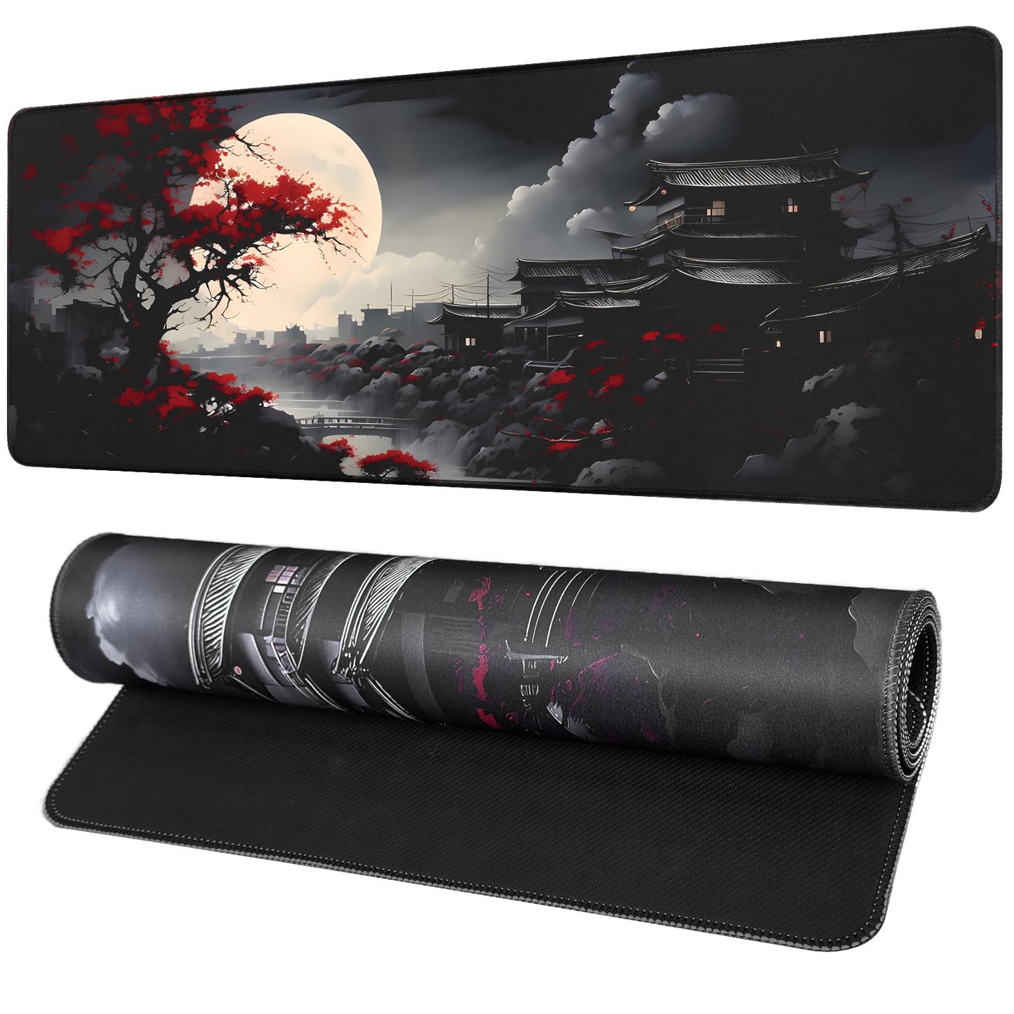 FreeNook Large Gaming Mouse Pad, Anime Black Mousepad with Stitched Edges, Expanded Cool Desk Mat, Japanese Red Moon XL Keyboard Mat Suitable for Home Office,31.5 X 11.8 Inch