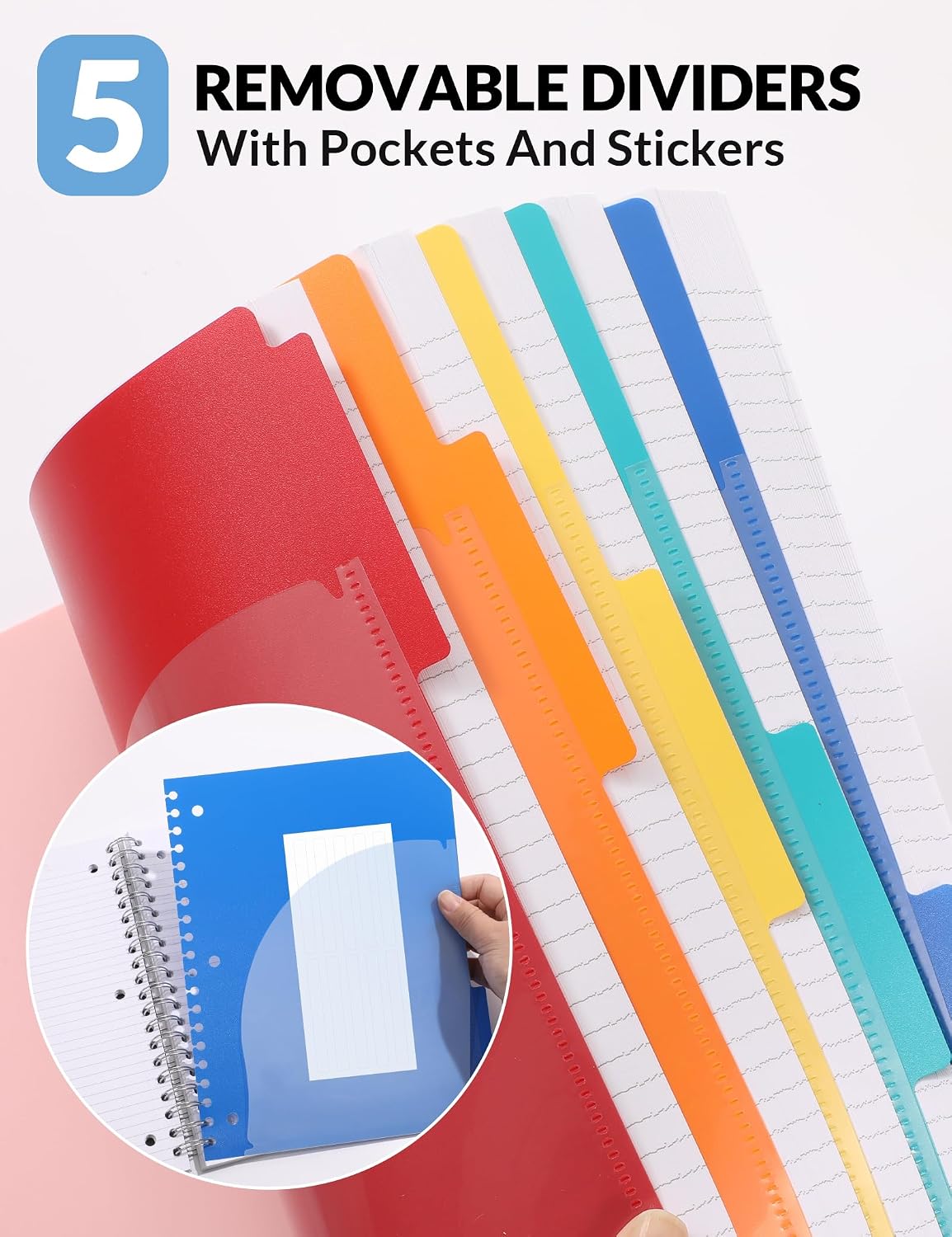 SUNEE Spiral Notebooks for Work with Removable Dividers & Tabs – College Ruled 5 Subject, 300 Pages, 3 Hole Punched, Durable PP Cover, 8"x10.5" – Notebooks for Office or School, Black