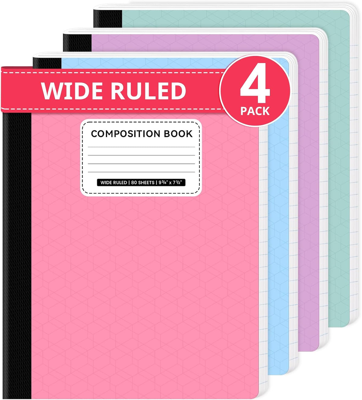 Wide Ruled Composition Notebook 4 Pack School Supplies, 160 Pages | Aesthetic Composition Book, 9-3/4" x 7-1/2", 160 Pages (80 Sheets), Perfect for School Office Supplies, Pastel Colors