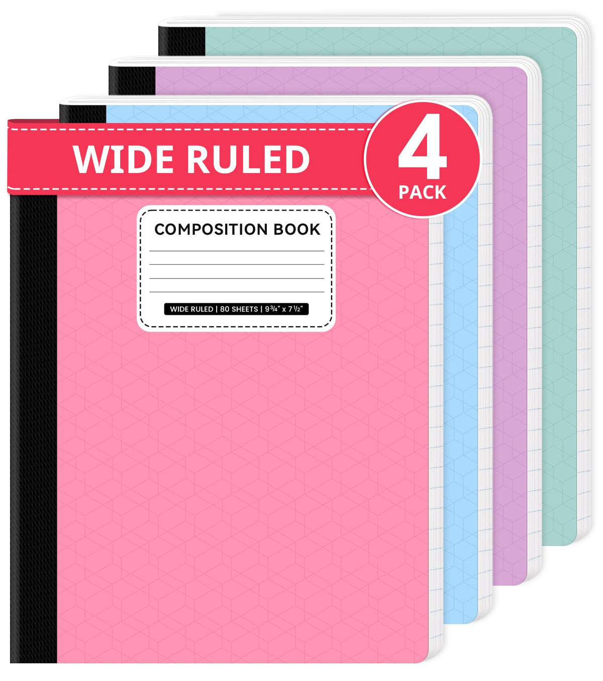 Wide Ruled Composition Notebook 4 Pack School Supplies, 160 Pages | Aesthetic Composition Book, 9-3/4" x 7-1/2", 160 Pages (80 Sheets), Perfect for School Office Supplies, Pastel Colors