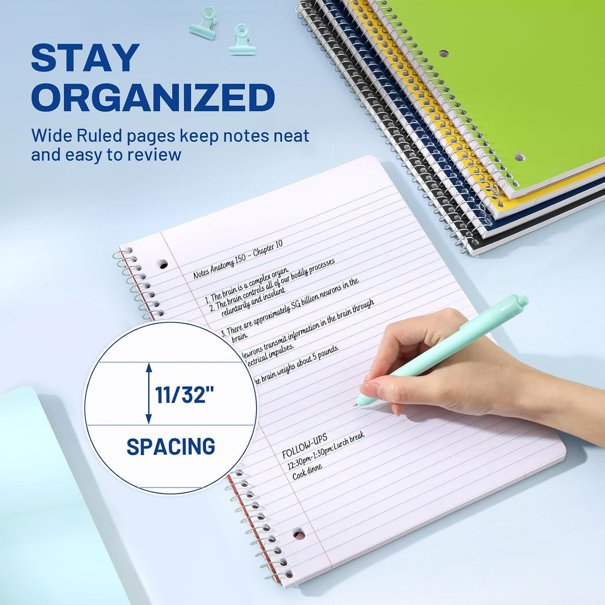 SUNEE Spiral Notebooks, 1-Subject, 12 Pack, Wide Ruled Paper, 8" x 10-1/2", 70 Sheets per Notebook, 3-Hole Punched Paper, Spiral Lined Notebooks for School, Work, Classic Colors