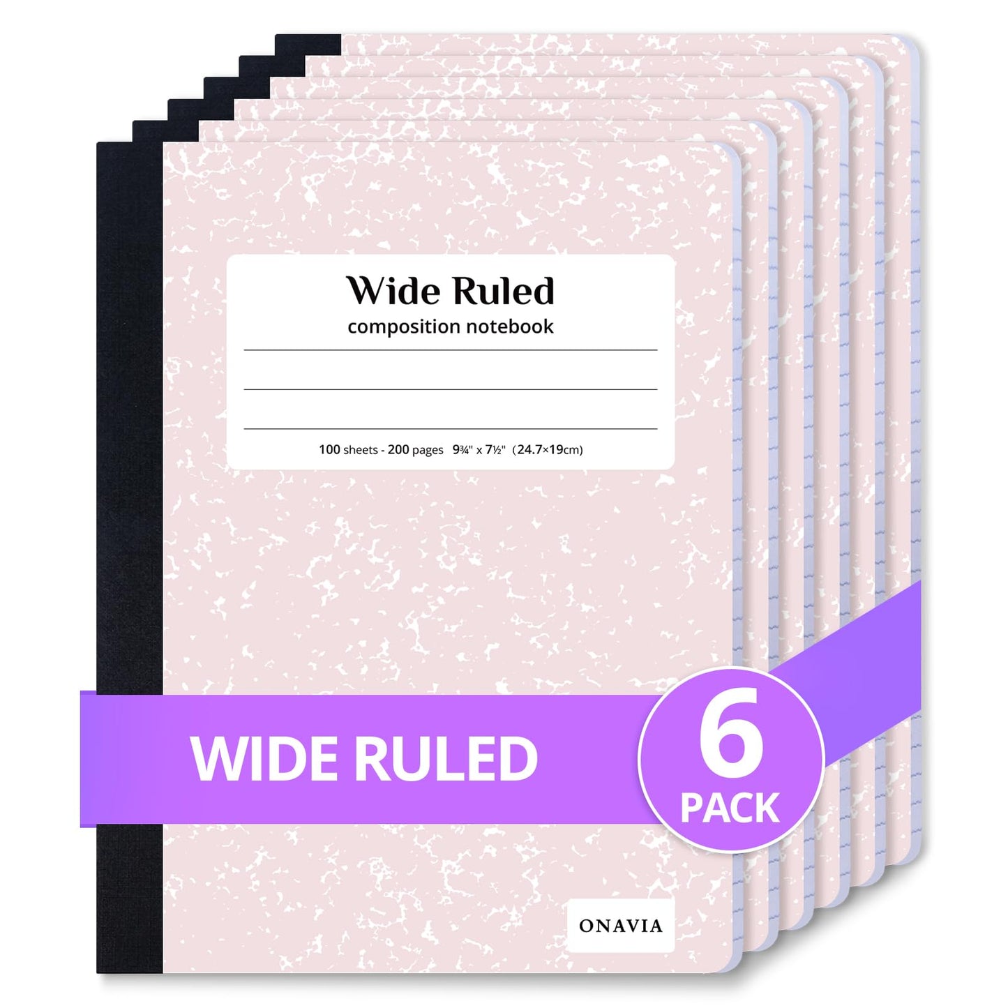 ONAVIA Composition Notebook Wide Ruled 6 Pack, 200 Pages, Marble Black | 100 ct, 9.75 x 7.5 in, Wide Ruled Composition Notebook, Durable Comp Book, School Notebooks, Note Taking, Students