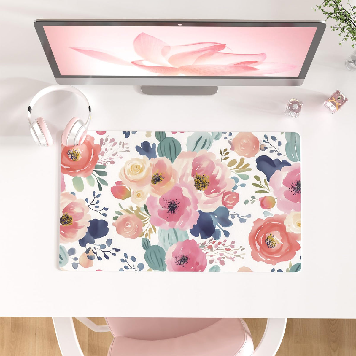 Faux Leather Large Mouse Pad, Office Desk Mat, 31.5"x15.7", Pink Floral | Desk Décor Accessories, Extended Size, Waterproof & Easy to Clean, Smooth Surface, Non Slip Desk Organization