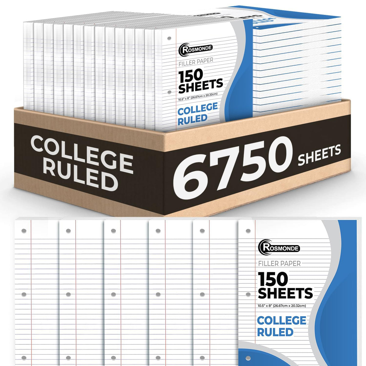 450 Sheets Loose Leaf Paper, 3 Pack, College Ruled Filler Paper | Bulk Office Filler Paper, 8" x 10.5", 3 Hole Punched, 150 Sheets/Pack, College Ruled Notebook Paper for Binder, White