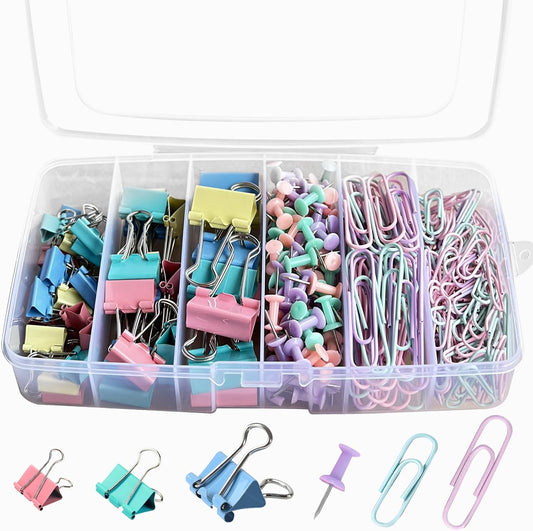 Colorful Paper Clips Binder Clips Set, 300 Pcs Assorted Sizes Binder Clips & Paper Clips Small Medium Large, Pastel Claps and Push Pins Office Supplies Kit for Paper Work and School Teacher Use