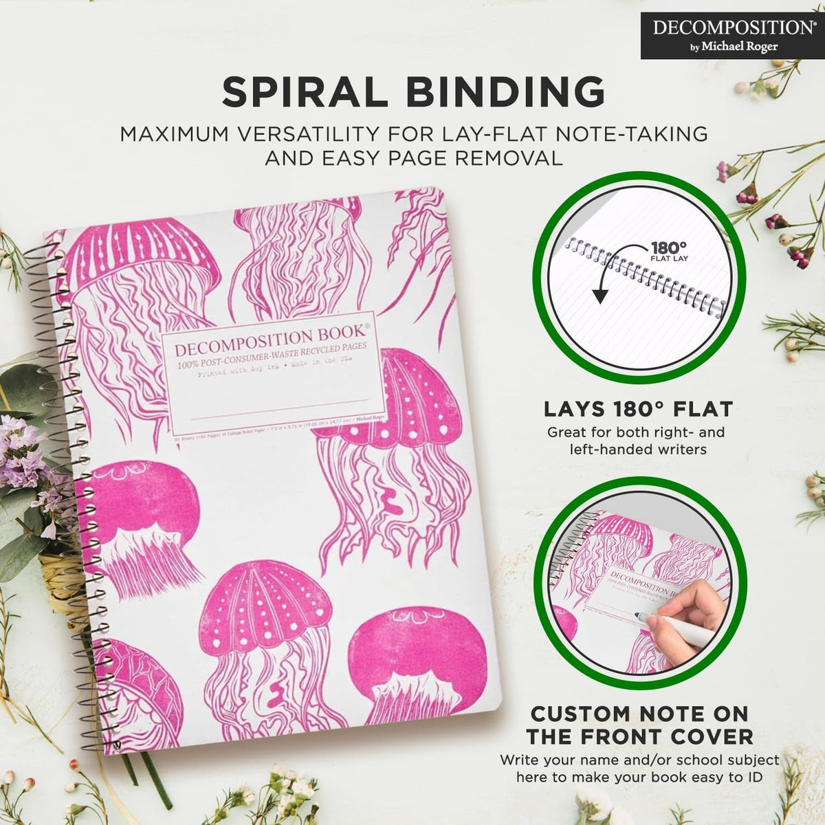 Decomposition Jellyfish College Ruled Spiral Notebook - 9.75 x 7.5 Journal with 160 Lined Pages - 100% Recycled Paper - Cute Notebooks for School Supplies, Home & Office - Made in USA