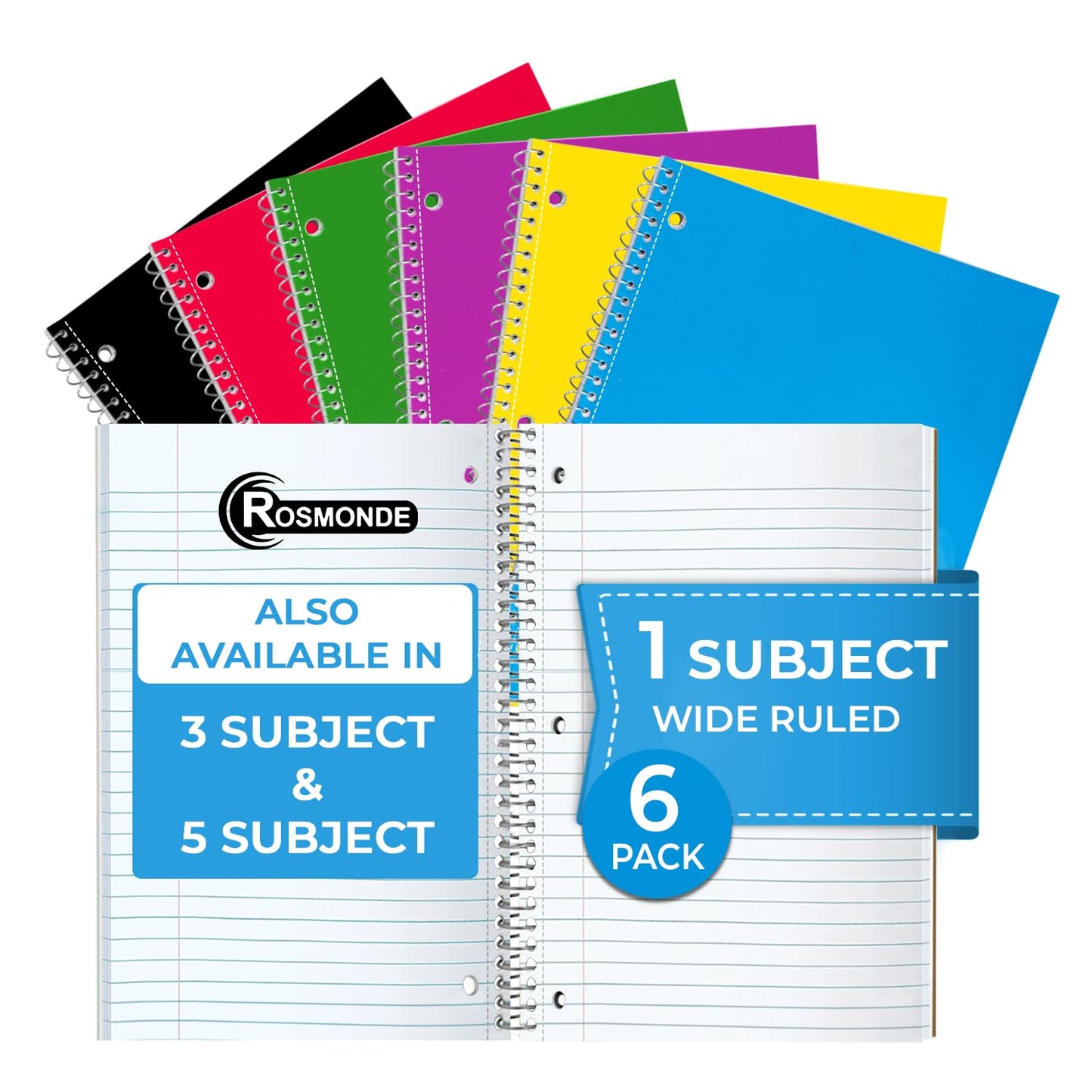 12 Pack Spiral Notebooks, 1 Subject Notebook, Wide Ruled, Assorted | Bulk Wide Ruled Notebooks For School, 70 Sheets (140 Pages), 8 x 10-1/2", 3 Hole Punched, Single Subject Spiral Notebook Bulk