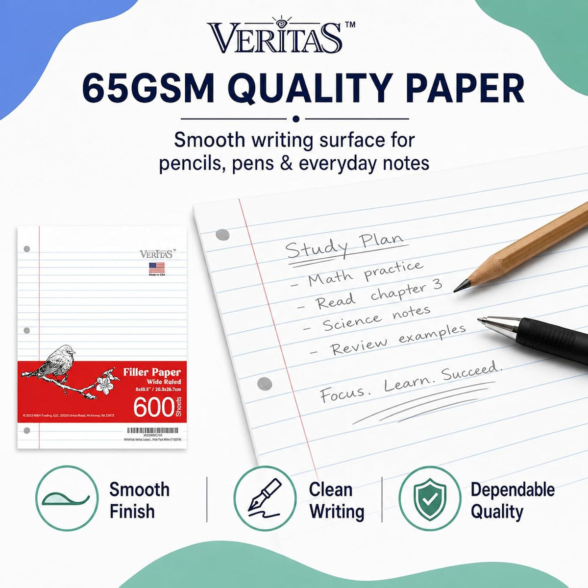 WritePads Wide Ruled Loose Leaf Paper 600 Sheets, 4 Pack Bulk Notebook Paper, 8"x10.5" 3 Hole Punched Binder Fitter Paper, Fits Standard 3-Ring Binders, Ink Bleed Resistant, Made in USA