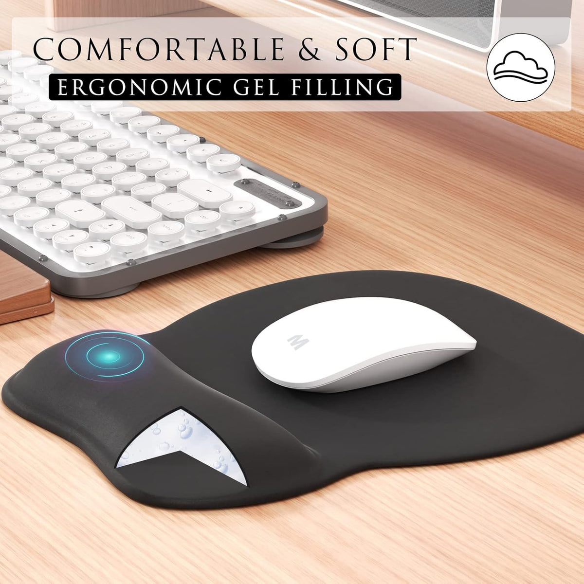 MROCO Ergonomic Mouse Pad with Gel Wrist Rest, 9.4 x 8.1 in, Black | Ergonomic Shape Design for Pain Relief, Cooling Feel Gel Cushioning for Wrist Comfort, Smooth Lycra Surface, Non-Slip PU Base