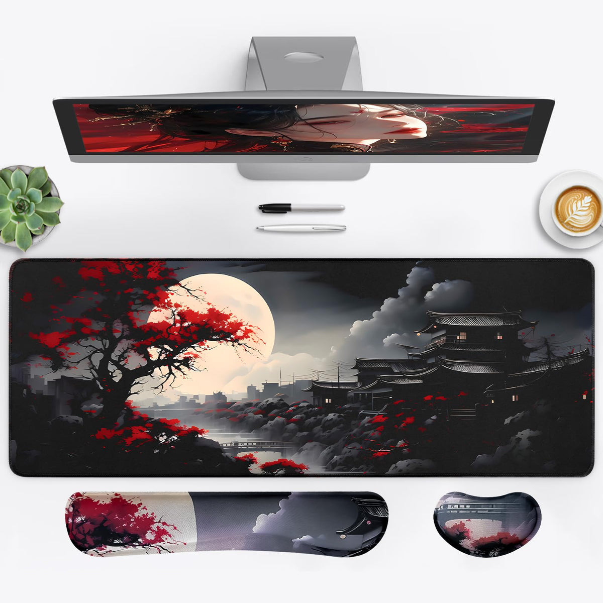 FreeNook Large Gaming Mouse Pad, Anime Black Mousepad with Stitched Edges, Expanded Cool Desk Mat, Japanese Red Moon XL Keyboard Mat Suitable for Home Office,31.5 X 11.8 Inch