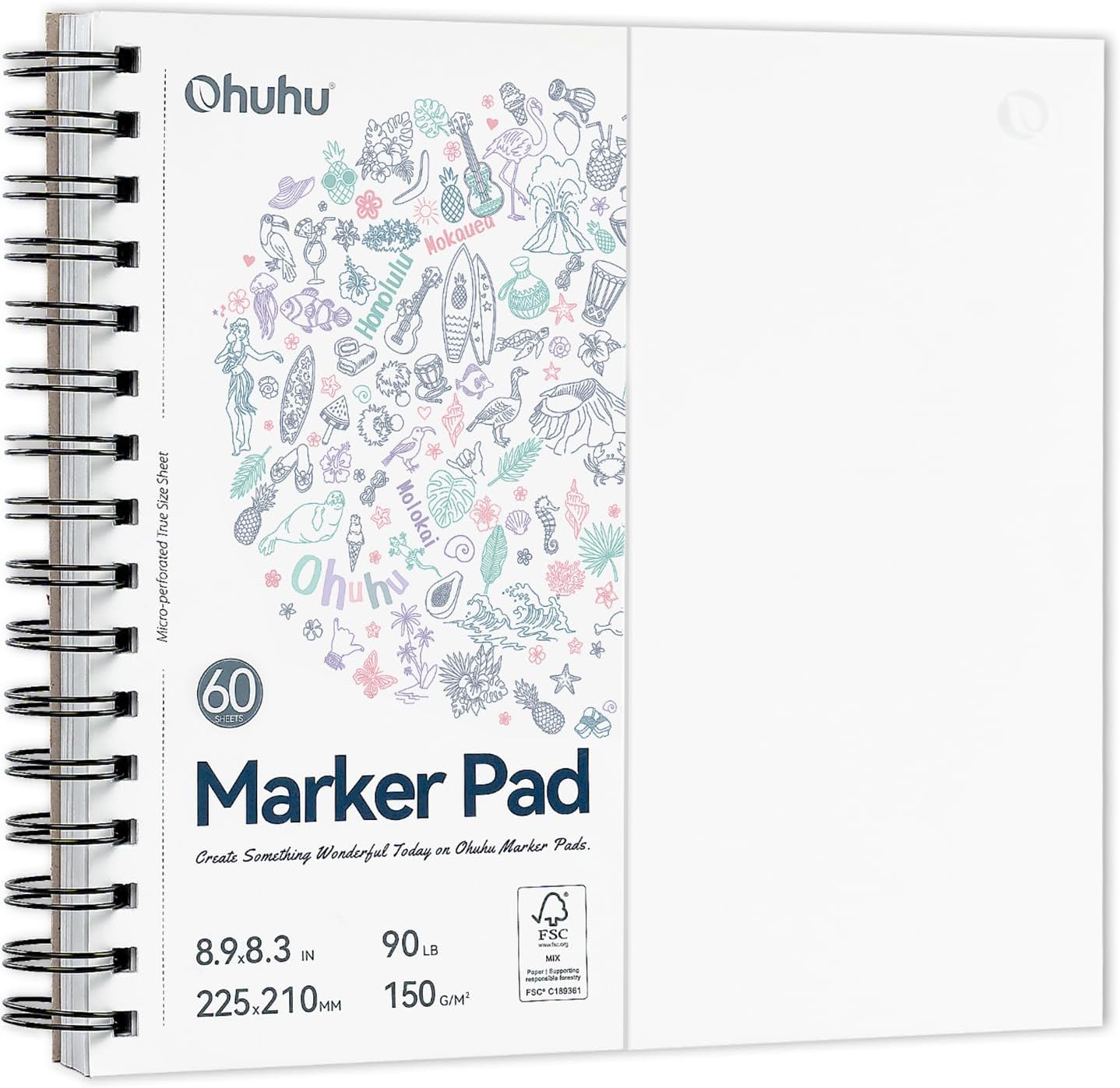 Ohuhu 8.3"x8.3" Double-Sided Bleedproof Marker Pad Art Sketchbook 60 Sheets | Square Sketch Book - 90 LB/150 GSM Smooth Drawing Paper - 60 Sheets/120 Pages - Spiral-Bound Sketch Pad for Alcohol Markers