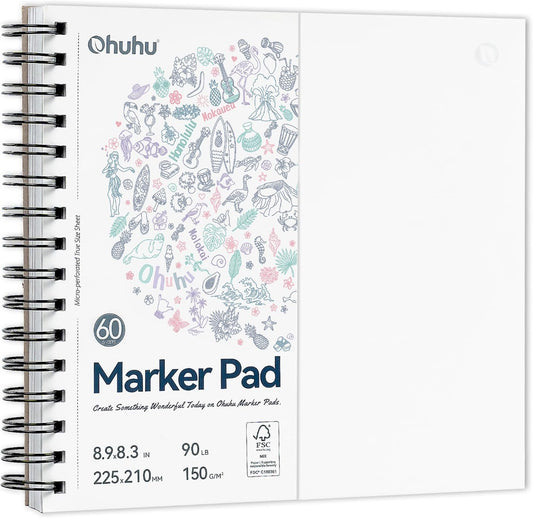 Ohuhu 8.3"x8.3" Double-Sided Bleedproof Marker Pad Art Sketchbook 60 Sheets | Square Sketch Book - 90 LB/150 GSM Smooth Drawing Paper - 60 Sheets/120 Pages - Spiral-Bound Sketch Pad for Alcohol Markers
