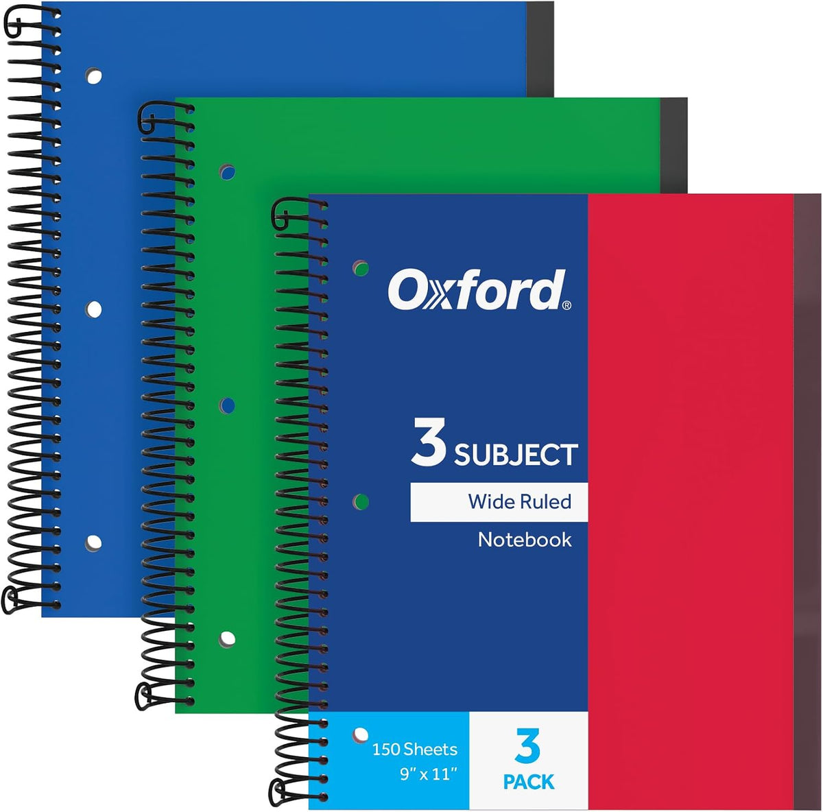 Oxford Spiral Notebook 3 Pack, 3 Subject, Wide Rule, Durable Plastic Covers, Strong Coil, 3 Durable Pockets, 8.5 x 11, 150 Sheets, Red, Green, Blue (89804)