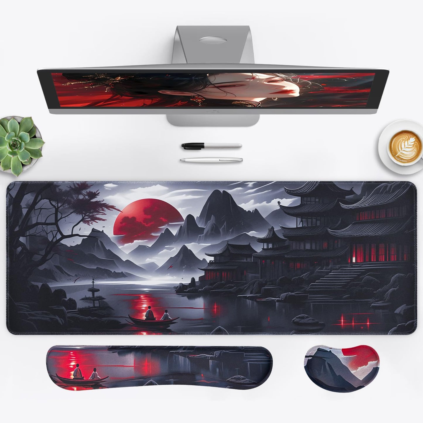 FreeNook Large Gaming Mouse Pad, Anime Black Mousepad with Stitched Edges, Expanded Cool Desk Mat, Japanese Red Moon XL Keyboard Mat Suitable for Home Office,31.5 X 11.8 Inch