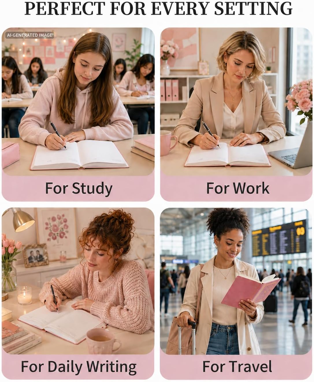 JOHSBYD Pink Journal for Women - A5 Lined Hardcover Notebook | and Diary for Teen Girls, 200 Pages 100GSM Bleedproof Paper, cute notebook for Travel, Work, School(Pink)