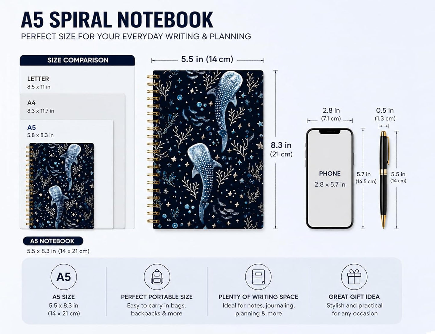Whale Shark Notebook, Whale Shark Marine Biology Gifts for Women Girls Kids, Ocean Animal Spiral Notebook Journal for School Office Supplies, 5.5x8.3 Inch