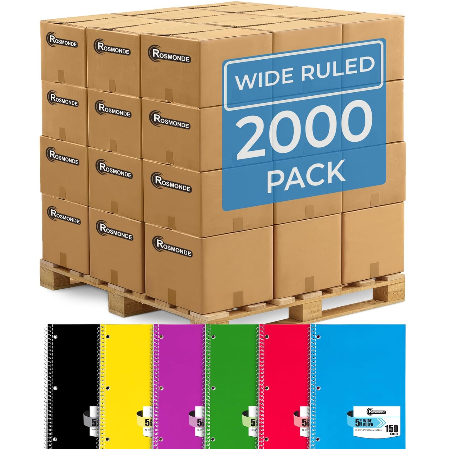1 Subject Spiral Notebook Bulk, 50 Pack, Wide Ruled, Assorted | Bulk Wide Ruled Notebooks, Thick Paper, 140 Pages (70 Sheets), 8 x 10-1/2", 3 Hole Punched, Bulk Subject Notebook For School