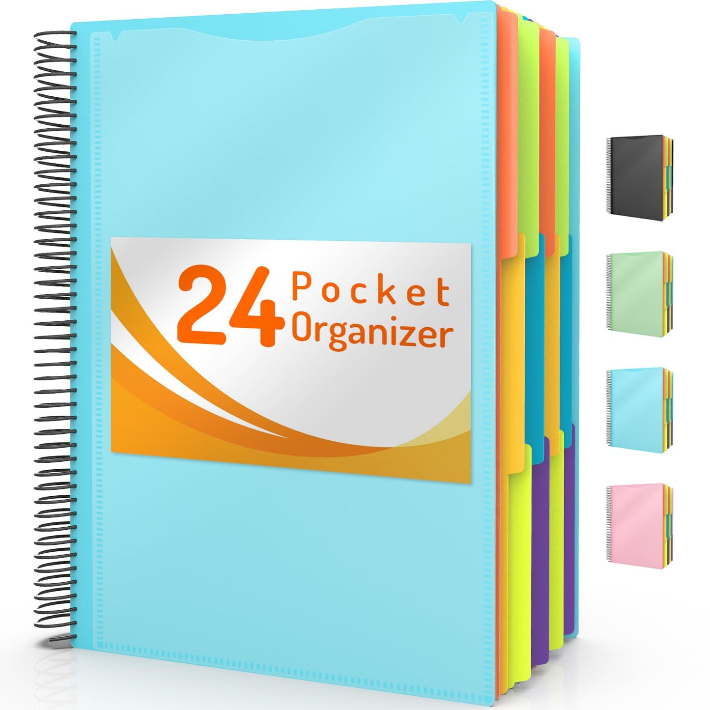 Forvencer 12 Pocket Project Organizer, 1/6-cut Tab Binder Organizer with Sticky Labels, Multi Pocket Folder with Zipper Pouch, Folder Binder Spiral Pocket Notebook, Office Supplies, Letter Size, Black