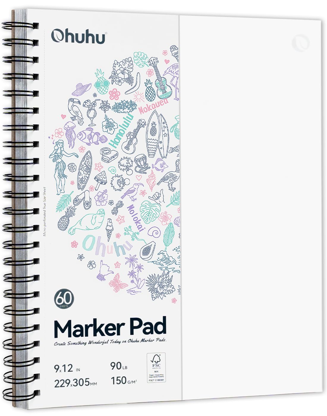 Ohuhu 8.3"x8.3" Double-Sided Bleedproof Marker Pad Art Sketchbook 60 Sheets | Square Sketch Book - 90 LB/150 GSM Smooth Drawing Paper - 60 Sheets/120 Pages - Spiral-Bound Sketch Pad for Alcohol Markers