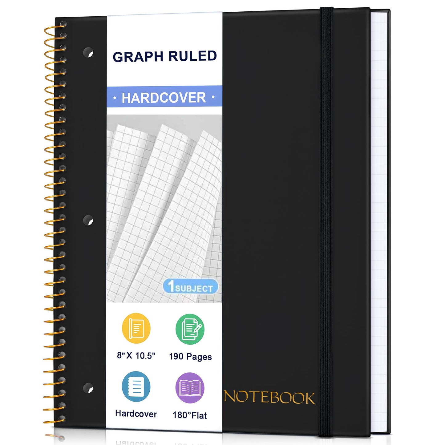 MUAHLIUB Spiral Notebook College Ruled Paper 8" x 10-1/2", 1 Subject Spiral Notebook, 3-Hole Punched Perforated Pages Ideal for School, Office, Writing, 95 Sheets Lined Journaling Notebook, Black