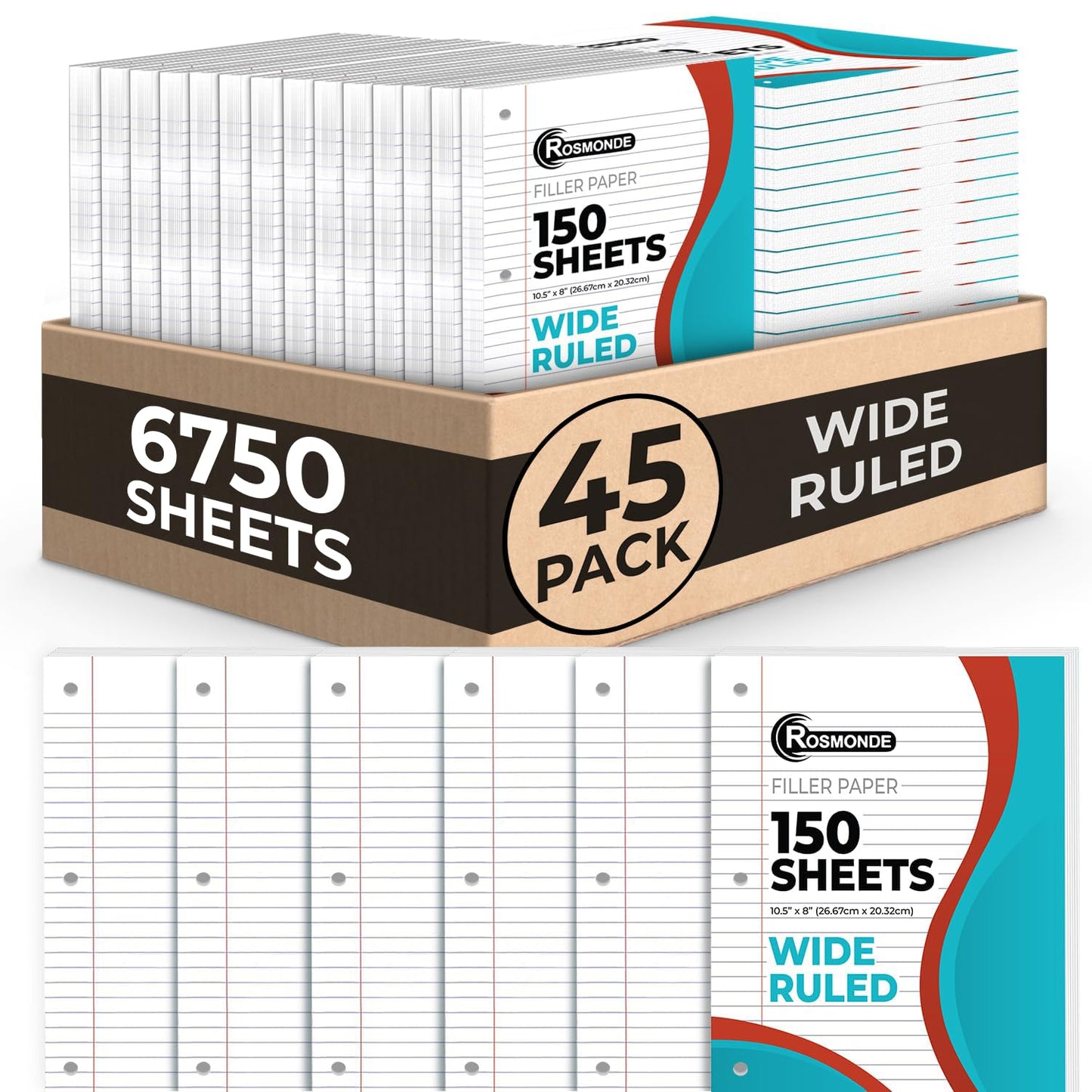 450 Sheets Loose Leaf Paper, 3 Pack, Wide Ruled Filler Paper | Bulk Office Filler Paper, 8" x 10.5", 3 Hole Punched, 150 Sheets/Pack, Wide Ruled Notebook Paper for Binder, White