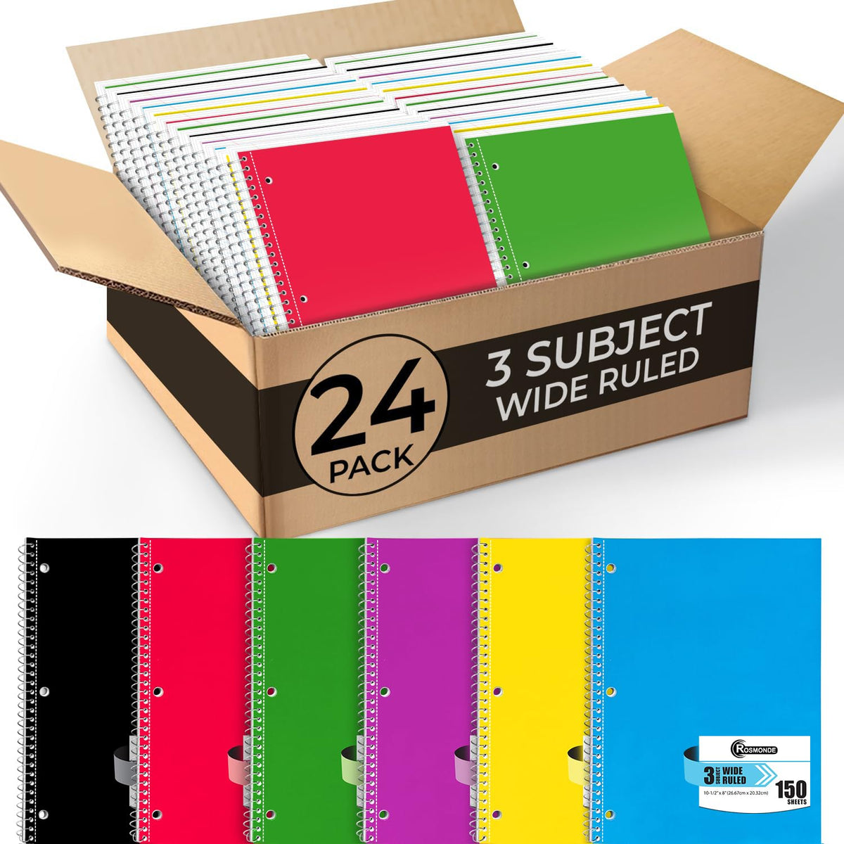 1 Subject Spiral Notebook Bulk, 50 Pack, Wide Ruled, Assorted | Bulk Wide Ruled Notebooks, Thick Paper, 140 Pages (70 Sheets), 8 x 10-1/2", 3 Hole Punched, Bulk Subject Notebook For School