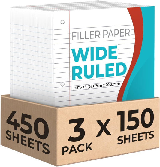 450 Sheets Loose Leaf Paper, 3 Pack, Wide Ruled Filler Paper | Bulk Office Filler Paper, 8" x 10.5", 3 Hole Punched, 150 Sheets/Pack, Wide Ruled Notebook Paper for Binder, White