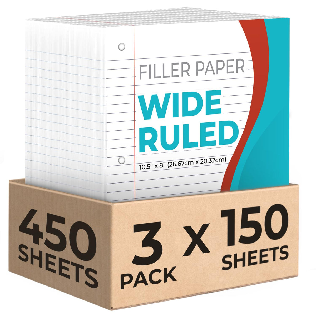 450 Sheets Loose Leaf Paper, 3 Pack, Wide Ruled Filler Paper | Bulk Office Filler Paper, 8" x 10.5", 3 Hole Punched, 150 Sheets/Pack, Wide Ruled Notebook Paper for Binder, White