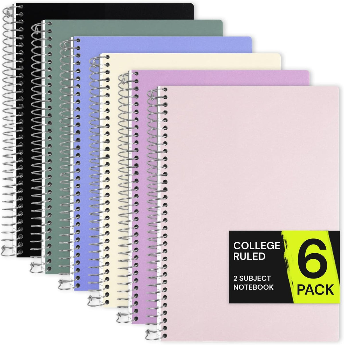 ONAVIA 2 Subject Spiral Notebook College Ruled 6 Pack, 200 Pages, Assorted | 100 ct, 6 x 9.5 in, Poly Cover, 2 Dividers, Double-Sided Pockets, Notebook for School, Study