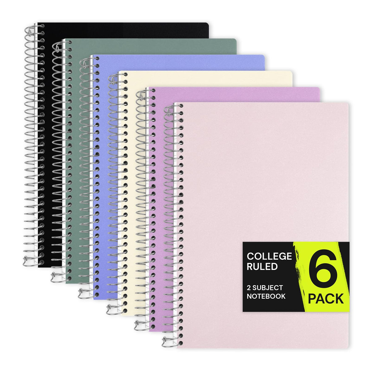 ONAVIA 2 Subject Spiral Notebook College Ruled 6 Pack, 200 Pages, Assorted | 100 ct, 6 x 9.5 in, Poly Cover, 2 Dividers, Double-Sided Pockets, Notebook for School, Study